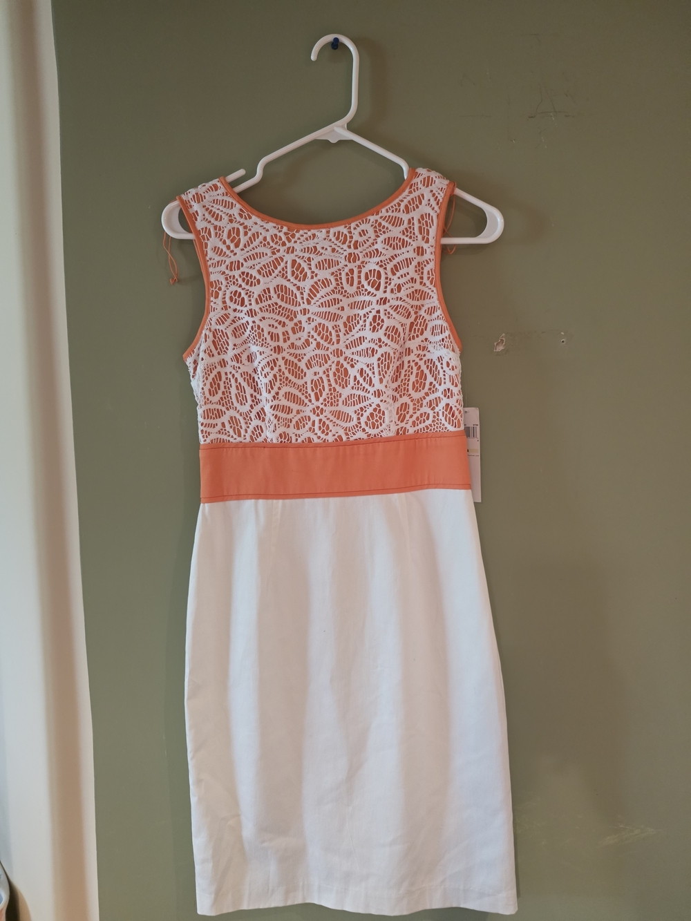 London Times White Sheath Dress with Orange Lace Bodice Sz 4 NWT